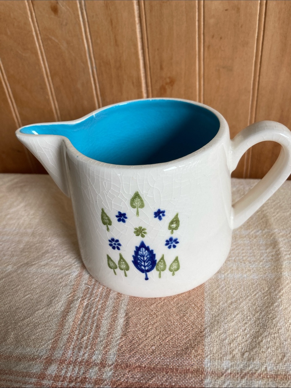 Vintage Swiss Alpine Ceramic Blue-Interior Creamer Pitcher with Floral Motif